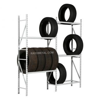 Vue de 3/4 du rack à pneus léger jusqu'à 150 kg par niveau.